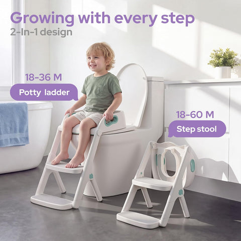 lalalark Potty Training Seat, 2-in-1 Toddler Toilet Seat with Steps, Upgrade Potty Step Stool for Toddler with Anti-Slip Pad Step Stool, Extended Splash Guard, Foldable Potty Ladder Boys Girls, Green