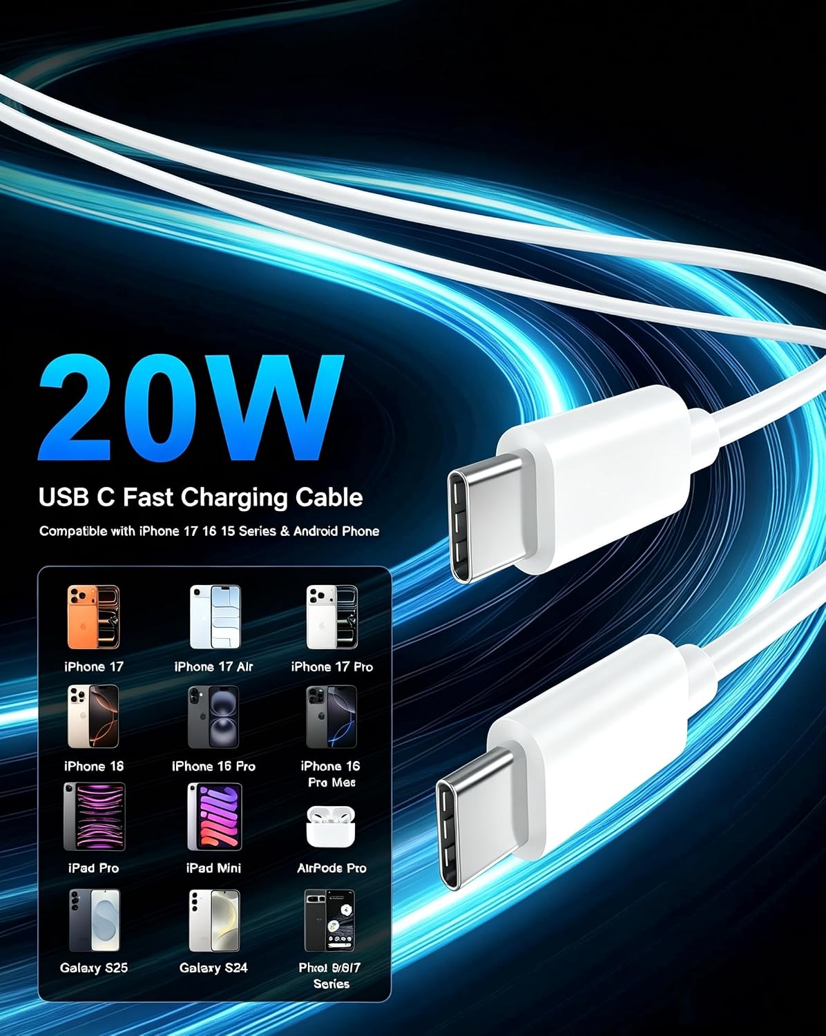 iPhone 17 16 15 Charger Fast Charging 10FT, 20W USB C Charger Block & Cable
