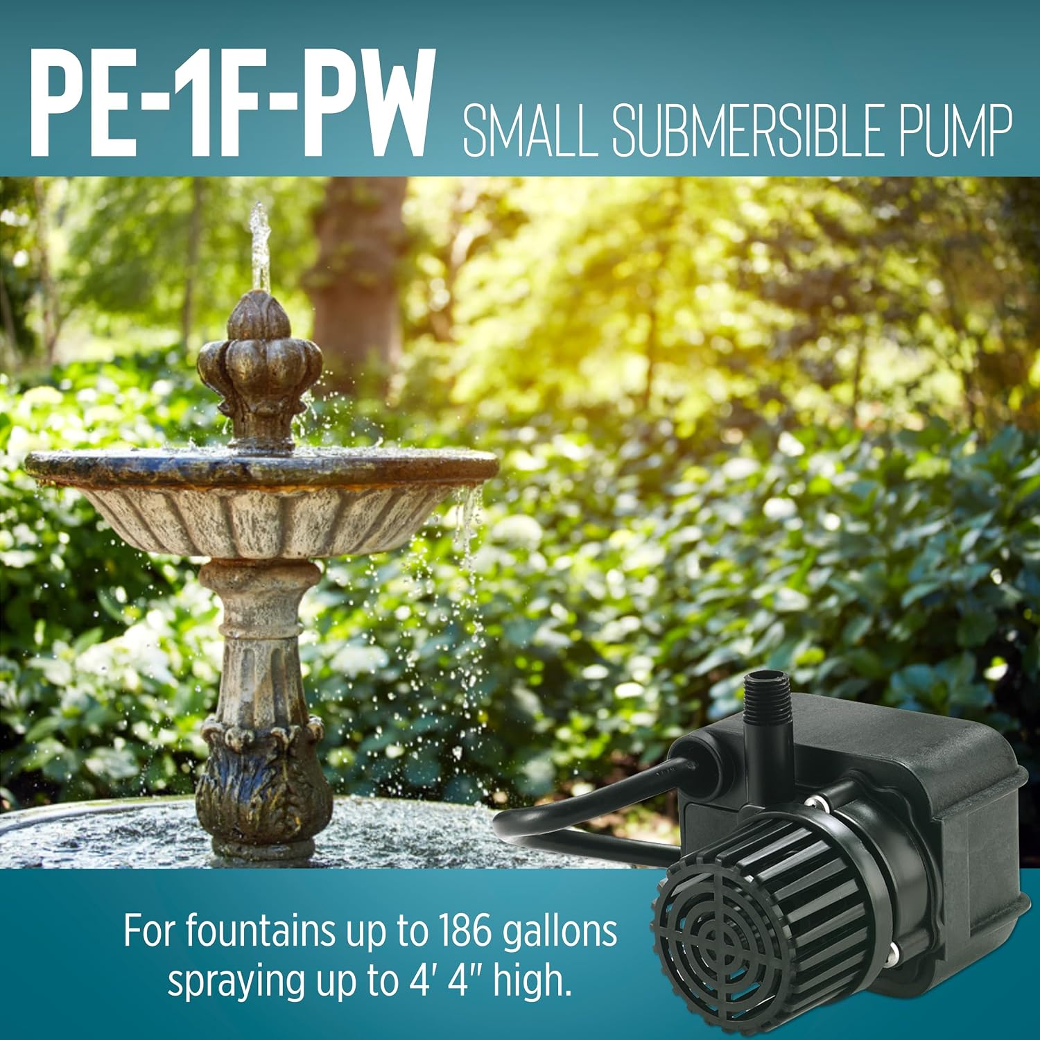 Little Giant PE-1F-PW 115 Volt, 1/125 HP, 170 GPH Submersible Direct Drive Fountain Pump with 15-Ft. Cord, Black, 566608