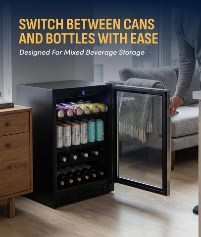 NewAir 24" Single Zone Beverage & Wine Fridge | Beverage & Wine Refrigerator for 49 Bottles or 179 Cans | Freestanding or Built-In Under Counter Mini Fridge for Beer, Wine & Soda | Stainless Steel