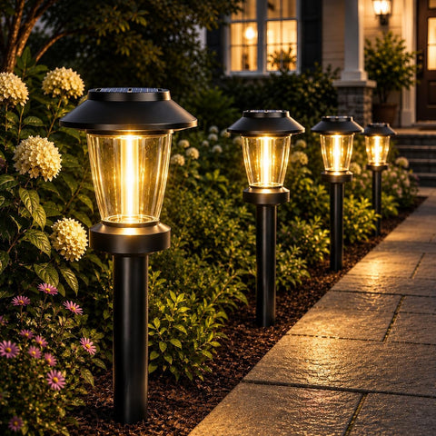 Solar Pathway Lights Outdoor, 10 Pack Warm White Tungsten Filament Solar Lights, 3 Lighting Modes, Auto On/Off, IP65 Waterproof, Dusk to Dawn Solar Garden Lights for Yard, Driveway, Lawn & Landscape