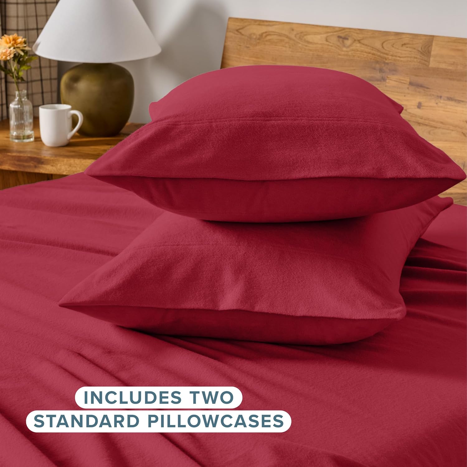 Bare Home Flannel Pillowcases 100% Cotton (King Set of 2, Red)
