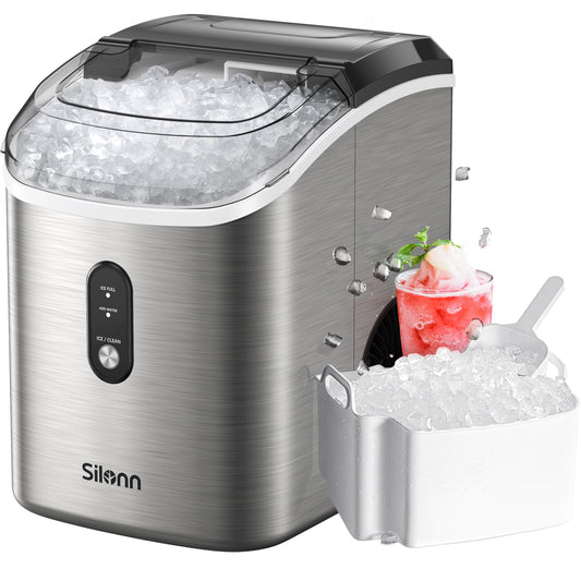 Nugget Countertop Ice Maker, Silonn Chewable Pellet Ice Machine with Self-Cleaning Function, 33lbs/24H, Portable Ice Makers for Home, Kitchen, Office, Stainless Steel