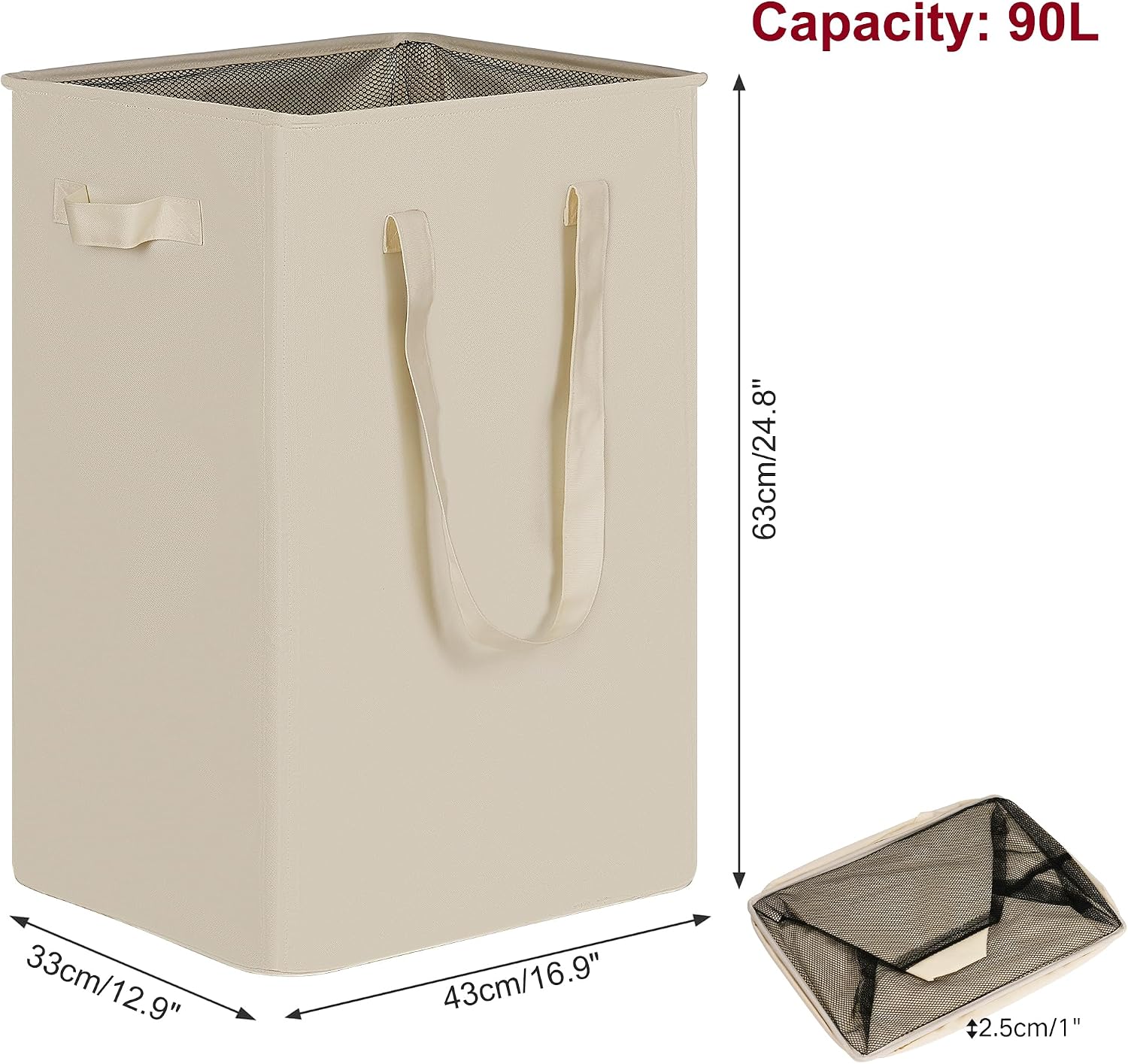 efluky Slim Laundry Basket, Narrow Laundry Hamper with Handles, Collapsible Dirty Clothes Hamper, Tall Laundry Bin for Laundry Room, Dorm and Bedroom, 90L Beige