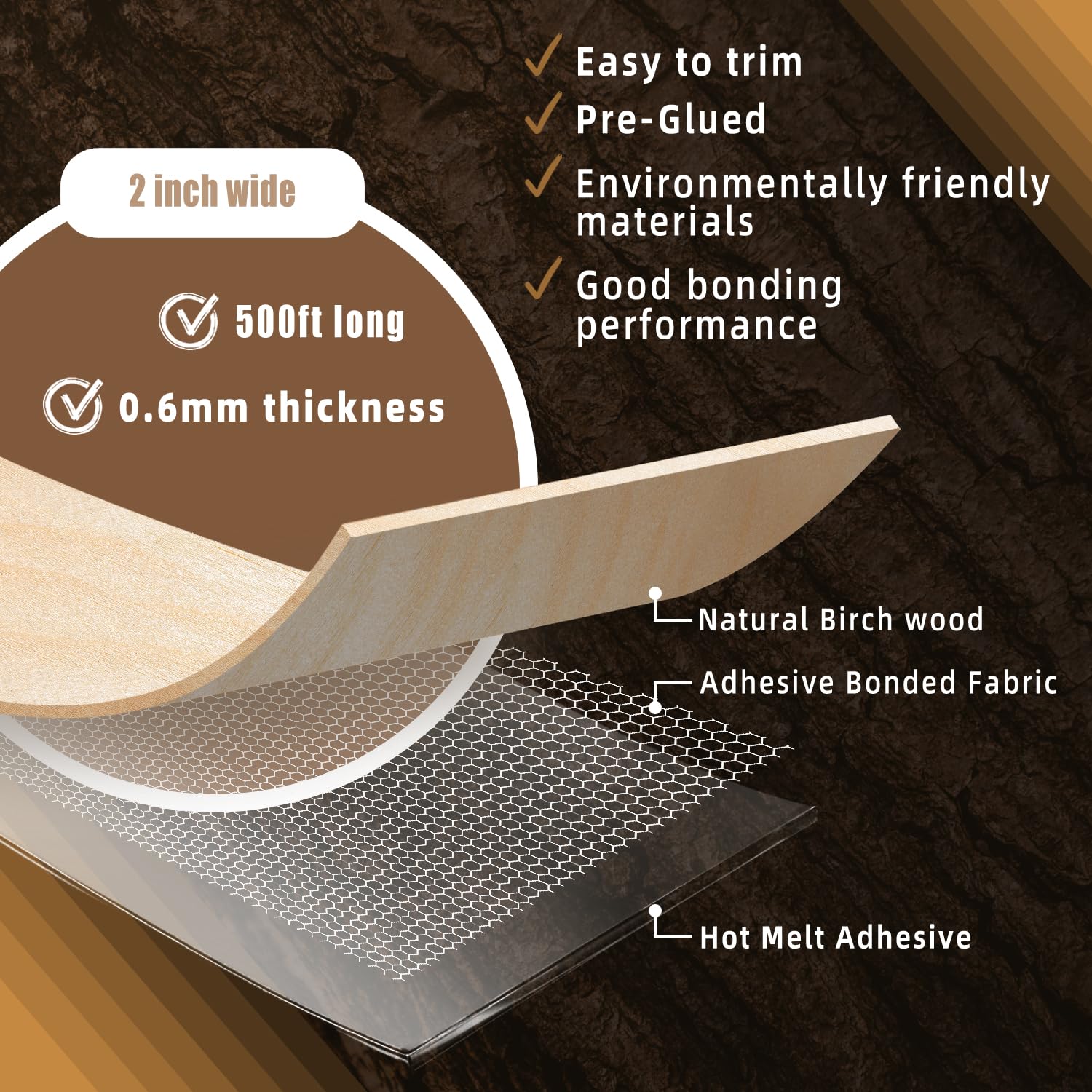 GSCIT Club Birch Edge Banding, 2 inch x 500ft roll of Wood Veneer Edge Banding Preglued Flexible, Wood Tape Banding for Cabinet Plywood