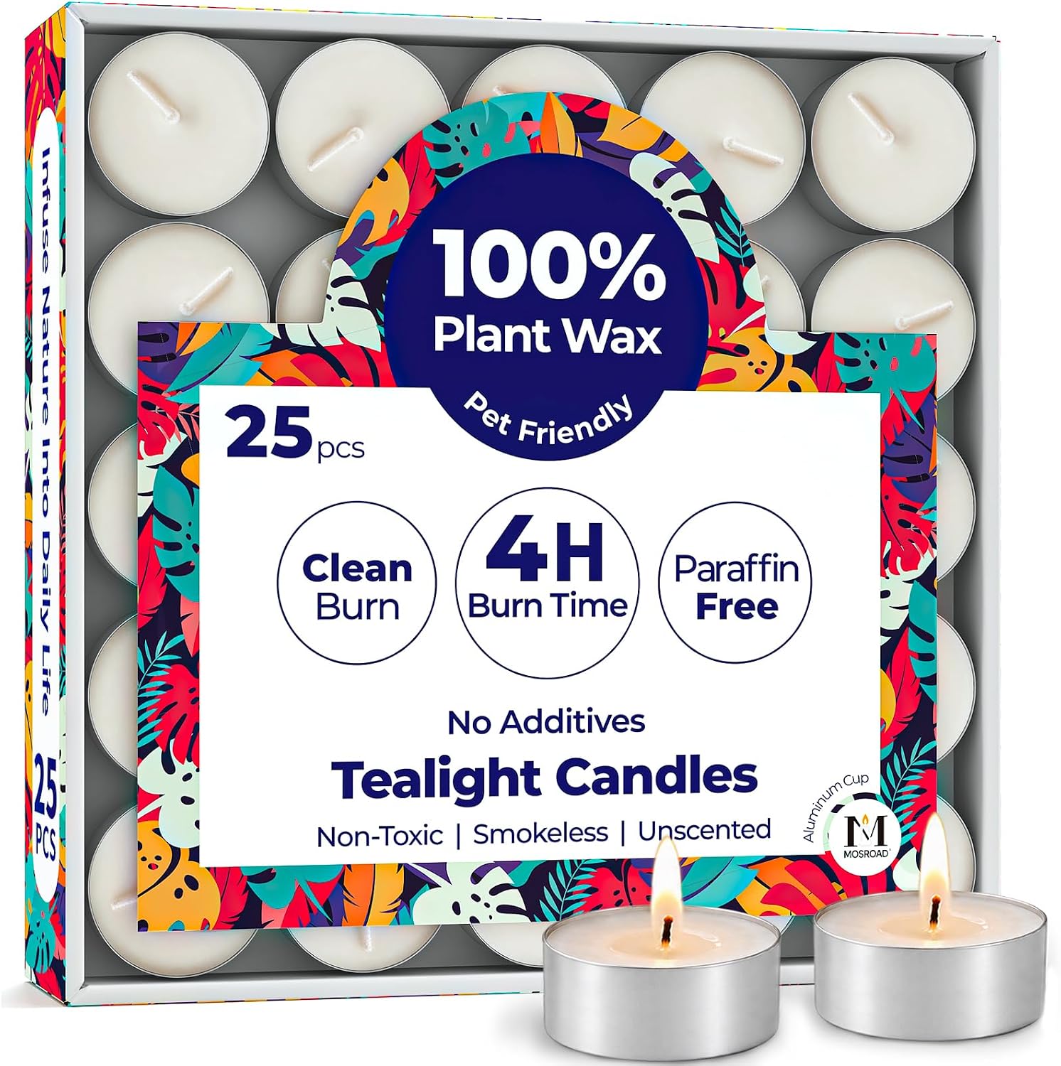 Tea Lights Candles 25 Pack, 4 Hour Palm Wax Tealights