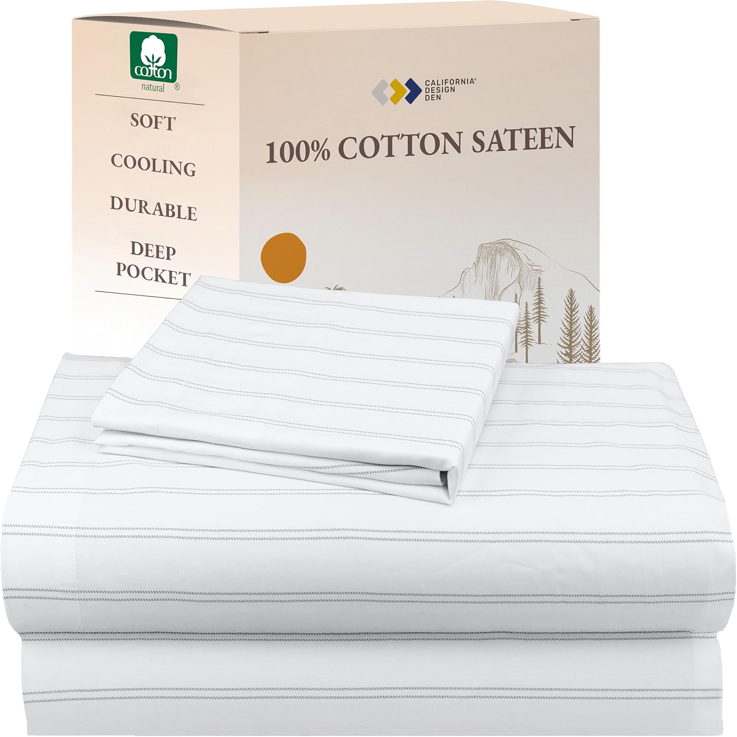 Natural 100% Cotton Sateen Twin Sheets Set, 3 Pc Set, Classic Stripe Print
