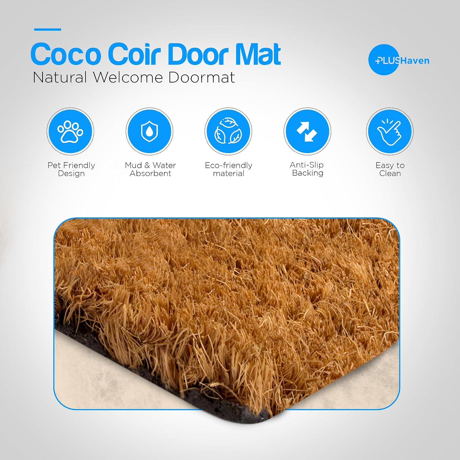 PLUS Haven Coconut Coir Home Entrance Door Mat – 17.5" x 30" | Home Love Laughter Heavy-Duty Doormat for Indoor & Outdoor Use | Durable & Eco-Friendly