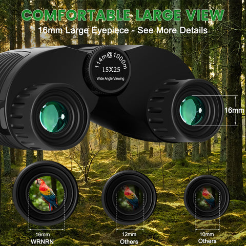 WRNRN 15X25 Compact Binoculars for Adults Kids, Small High Power Binoculars with Clear Large Vision, Waterproof Binoculars for Bird Watching Travel Cruise Wieldlife with Carrying Case and Neck Strap