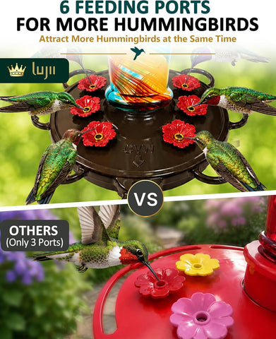 LUJII Smart Hummingbird Feeder with Camera for Outdoor Hanging, Hand Blown Glass, Solar WiFi Feeder with Live View App, 6 Feeding Ports, Leak-Resistant Design, Ant Moat & Gift Box, 36 fl oz, Ribbon