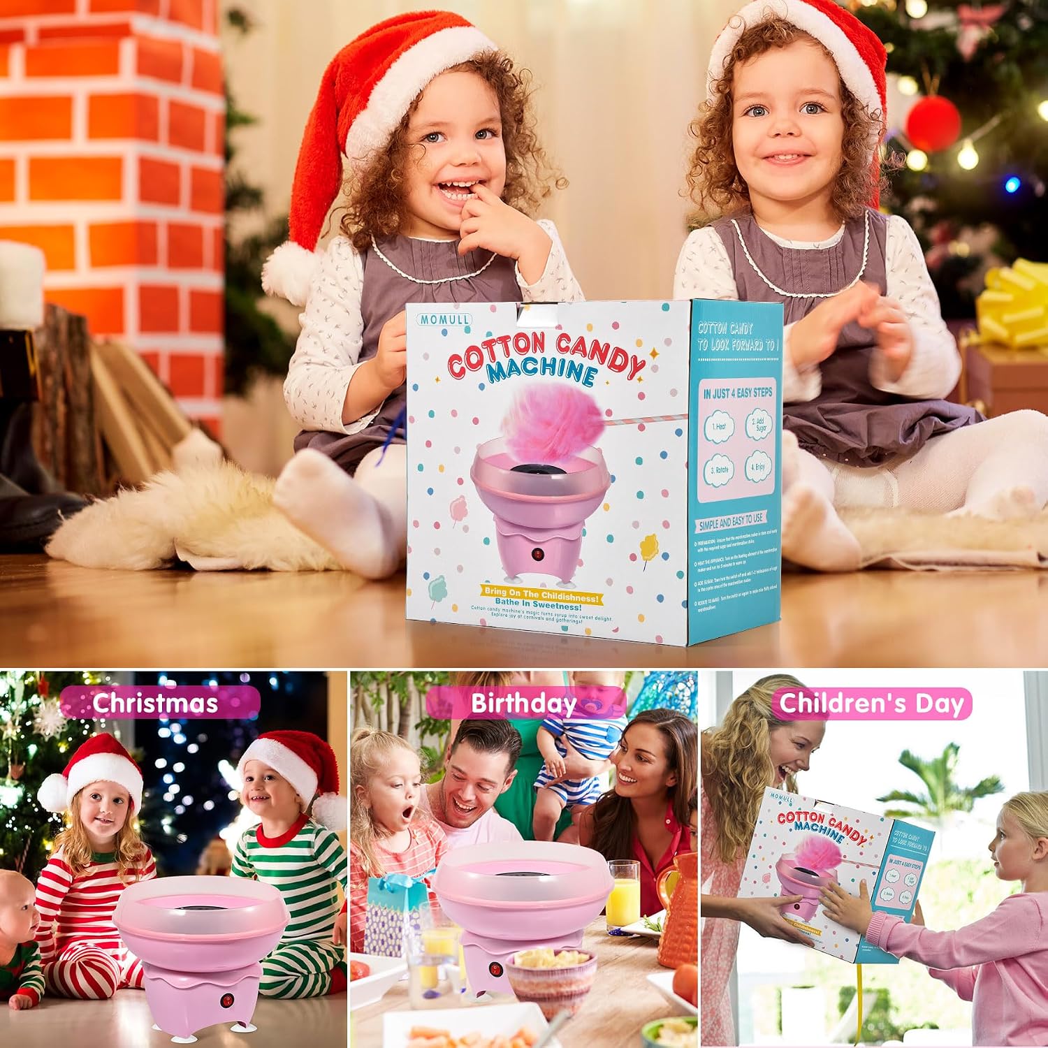 Cotton Candy Machine, Mini Cotton Candy Maker for Kids, Pink Vintage Candy Maker for Christmas Gift, Home, Birthday Family Party, Includes 20 Cotton Candy Sticks & Sugar Scoop