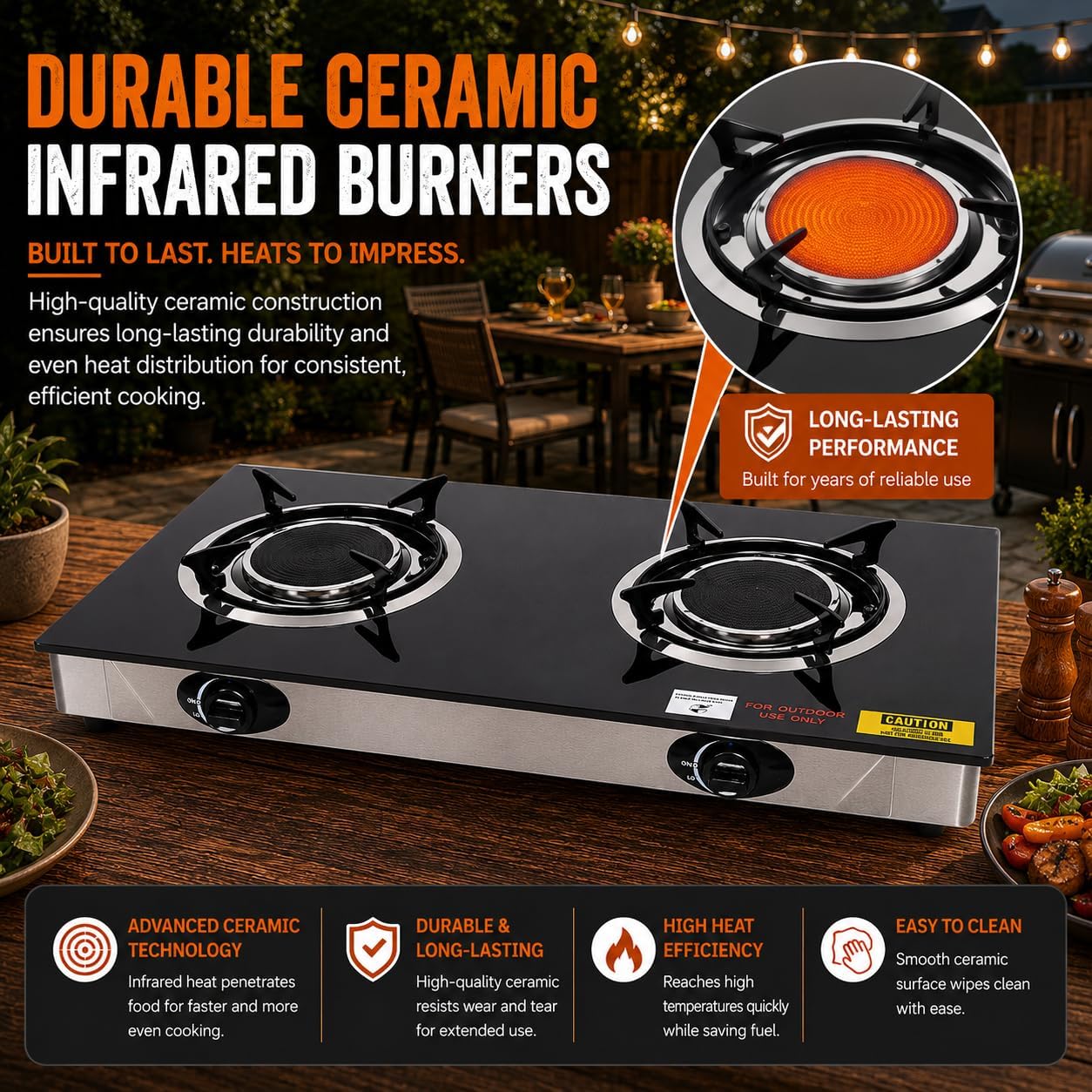 Barton Deluxe 40,000 BTU 2-Burner Propane Gas Stove, Outdoor Countertop Cooktop with Ceramic Infrared Burners, Auto Ignition LPG Camping Stove for BBQ, Tailgating & Outdoor Cooking