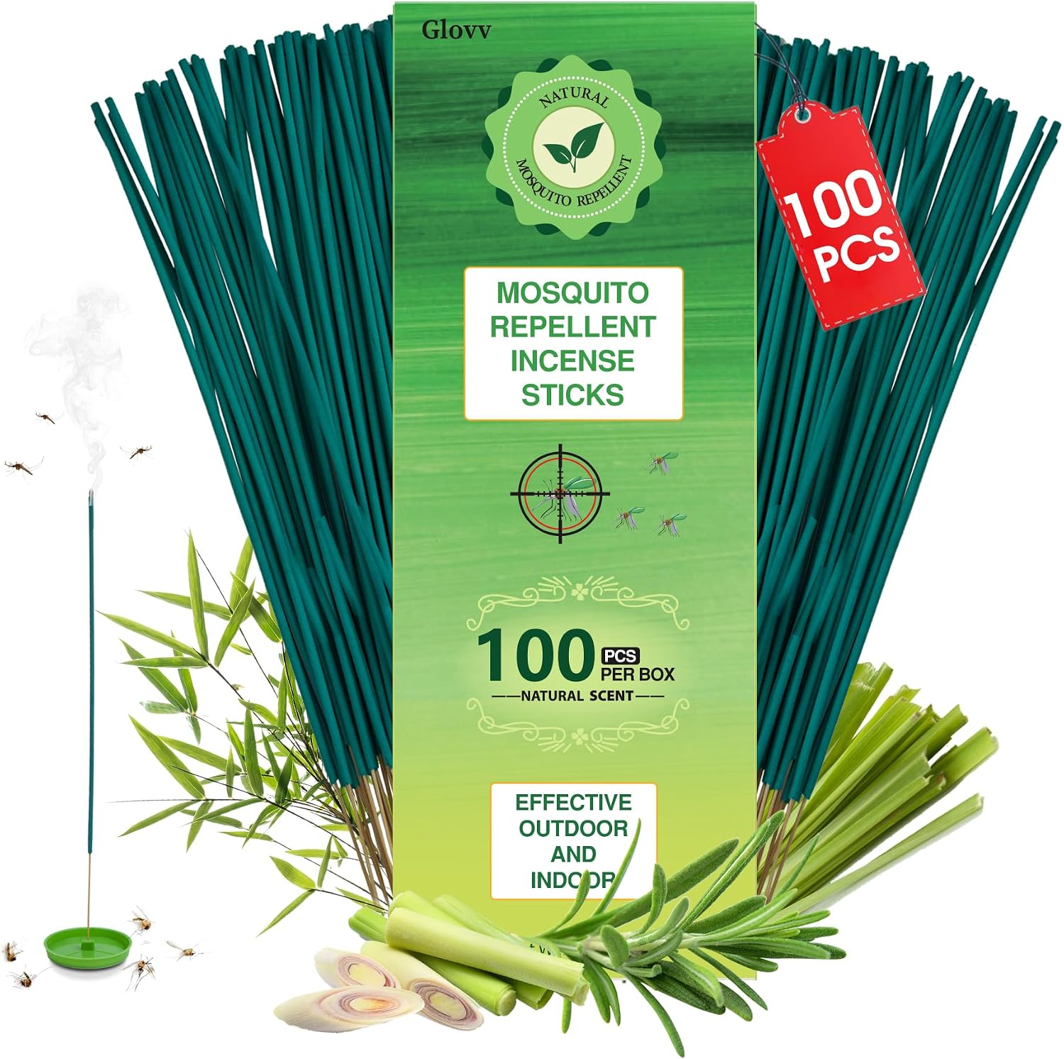 100P Natural Citronella Mosquito Repellent Incense Sticks for Outdoor Patio