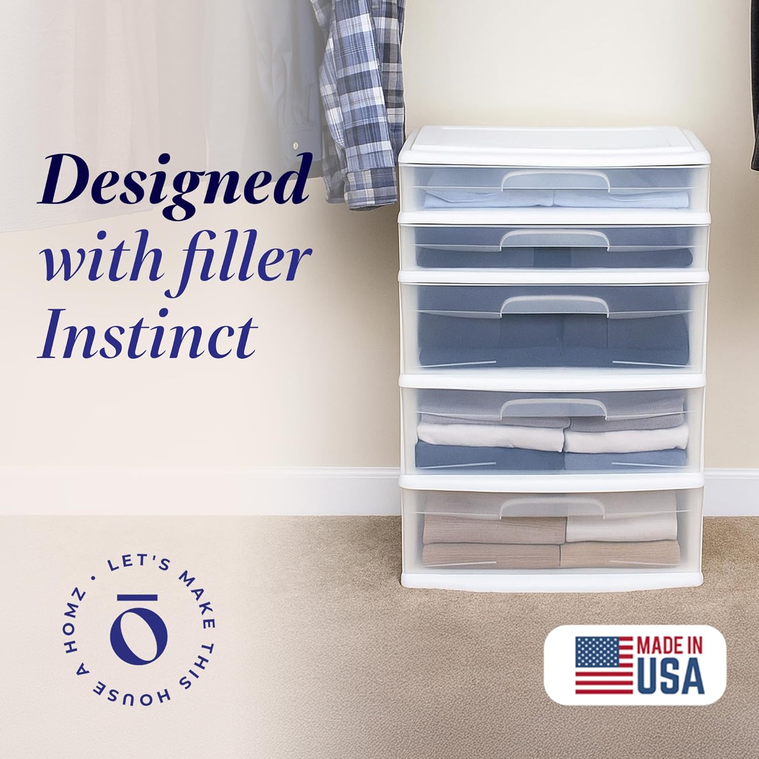 Homz 5-Drawer Plastic Bedroom & Closet Organizer Storage, Clear/White Frame