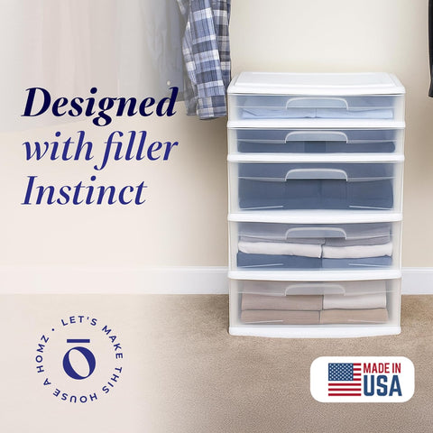 Homz 5-Drawer Plastic Bedroom & Closet Organizer Storage, Clear/White Frame