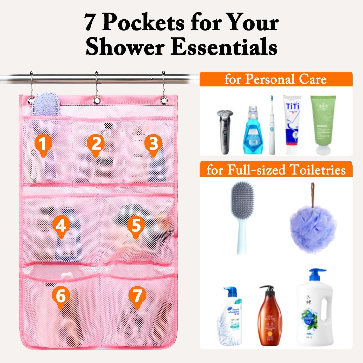 Fammart Mesh Shower Caddy Hanging, Quick-Drying Shower Organizer with 7 Pockets, Portable Bathroom Organizers and Storage for Shampoo, Soap, Loofah, Travel, and Cruise Essentials