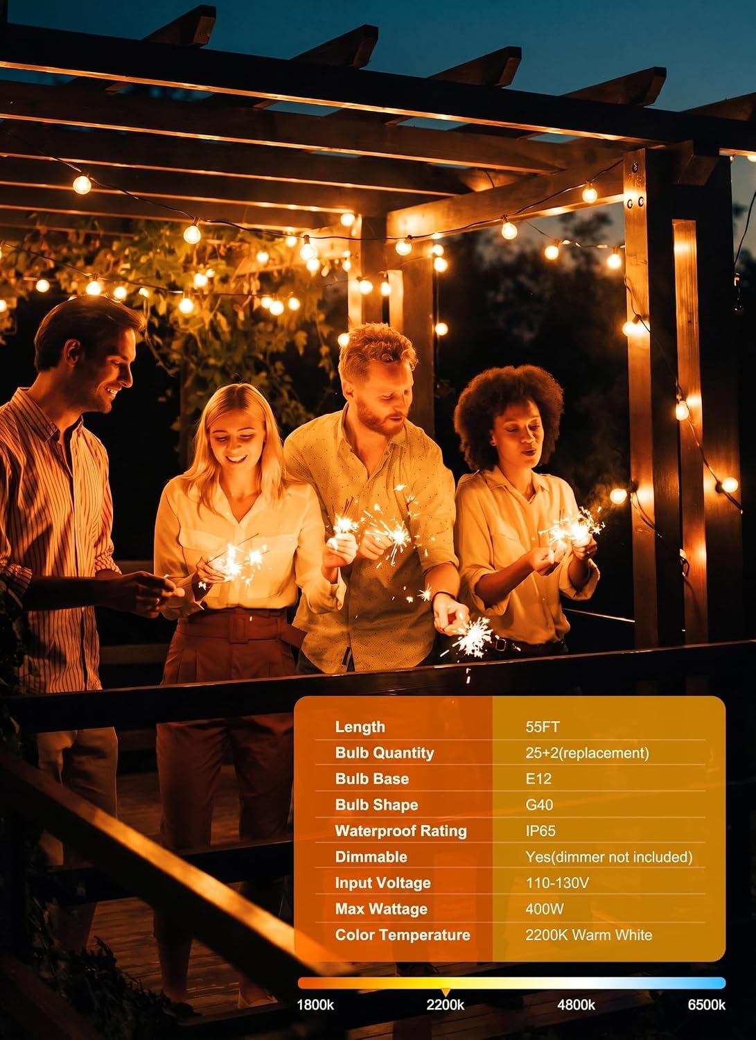 Outdoor String Lights, 55(50+5)FT 25 Bulbs IP65 Waterproof Patio Lights