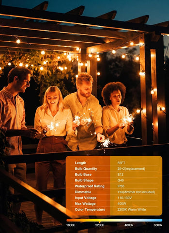 Outdoor String Lights, 55(50+5)FT 25 Bulbs IP65 Waterproof Patio Lights