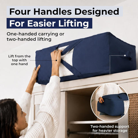 Soft Canvas Storage Bags with Zipper. Thick Breathable, 2pc King/Queen Comforter Organizer. Four Carrying Handles and Window. Large 25x19x9in Bag for Sheets Blankets Bedding Pillows, Clothes (Blue)