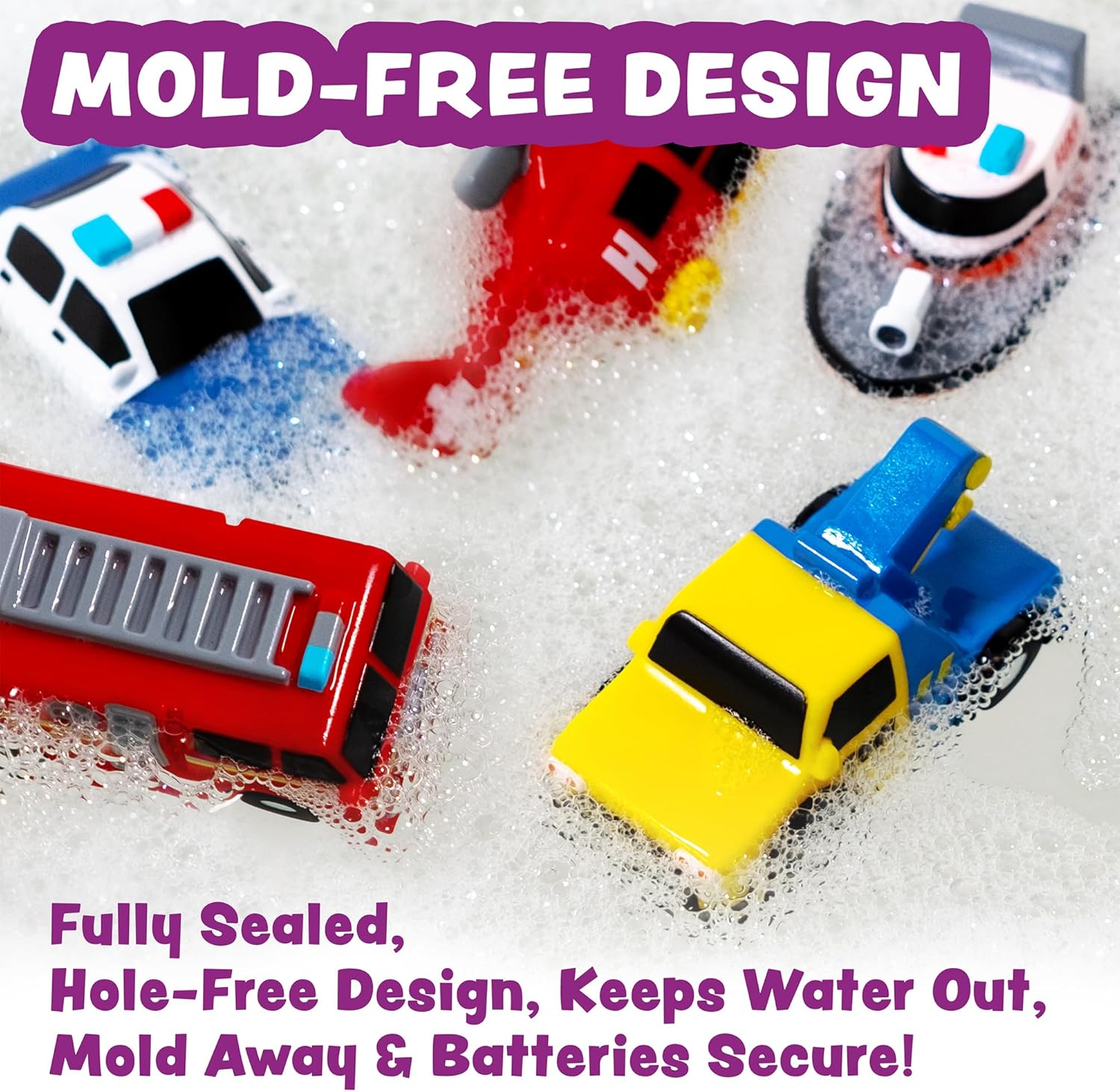Tub Works® Emergency™ Cars Light Up Bath Toys, 6 Pack | Water-Activated Light Up Toys Flash & Change Color | Soft, Squeezable Baby & Toddler Bath Toys | Sensory Toys with Bath Lights for Kids Bath