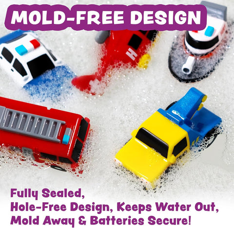 Tub Works® Emergency™ Cars Light Up Bath Toys, 6 Pack | Water-Activated Light Up Toys Flash & Change Color | Soft, Squeezable Baby & Toddler Bath Toys | Sensory Toys with Bath Lights for Kids Bath