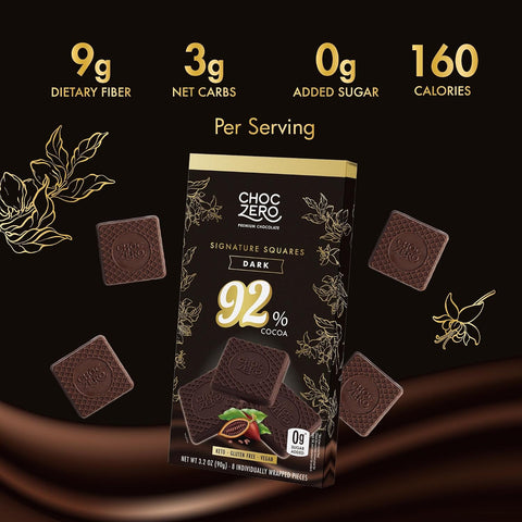 ChocZero 92% Cocoa Sugar Free Dark Chocolate Squares, Vegan, 4 Pack