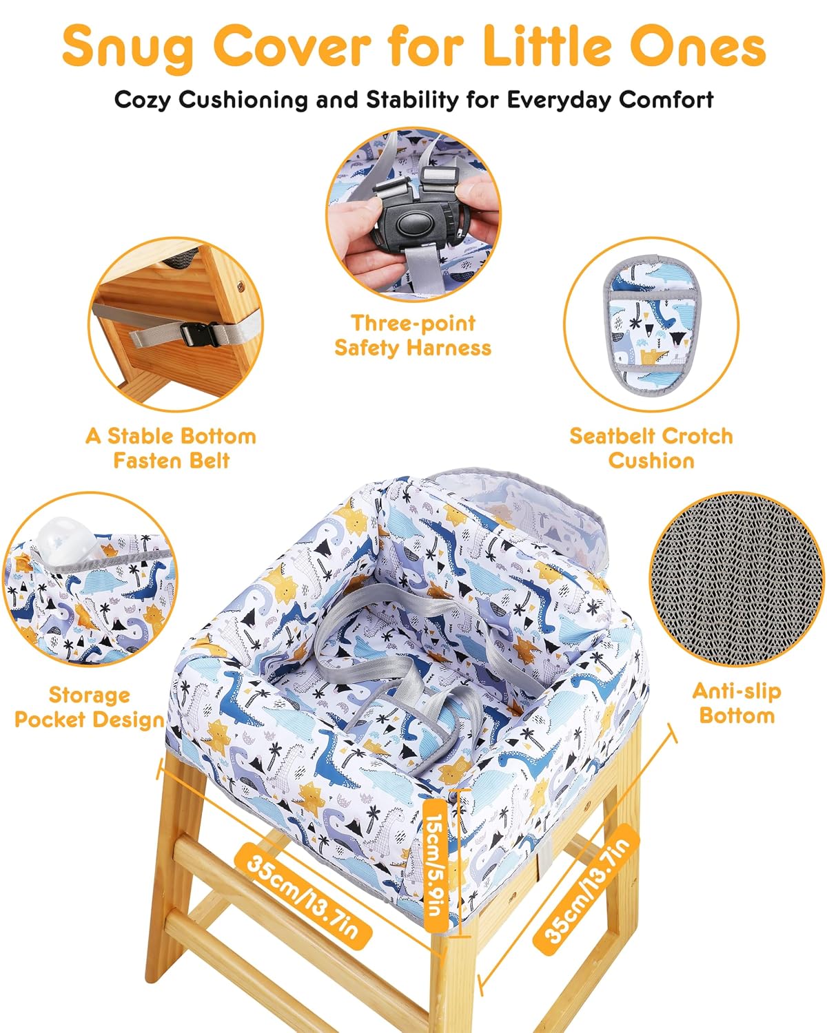 High Chair Cover Portable with 3-Point Harness, Waterproof Baby Seat Cover for Restaurant Travel Home Use, Machine Washable, Fits Wooden Chairs (Colorful Dinosaurs)