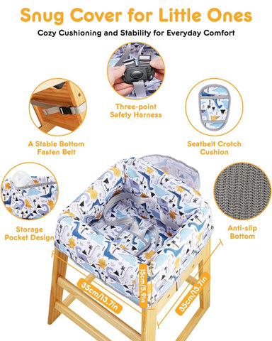 High Chair Cover Portable with 3-Point Harness, Waterproof Baby Seat Cover for Restaurant Travel Home Use, Machine Washable, Fits Wooden Chairs (Colorful Dinosaurs)