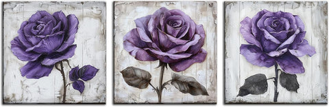 NAN Wind 3Pcs Purple Rose Canvas Prints Wall Art Botanical Floral Art Modern Flower Artwork Ready to Hang Textured Wall Art Print Decorative Wall Hanging for Living Room Bedroom Kitchen