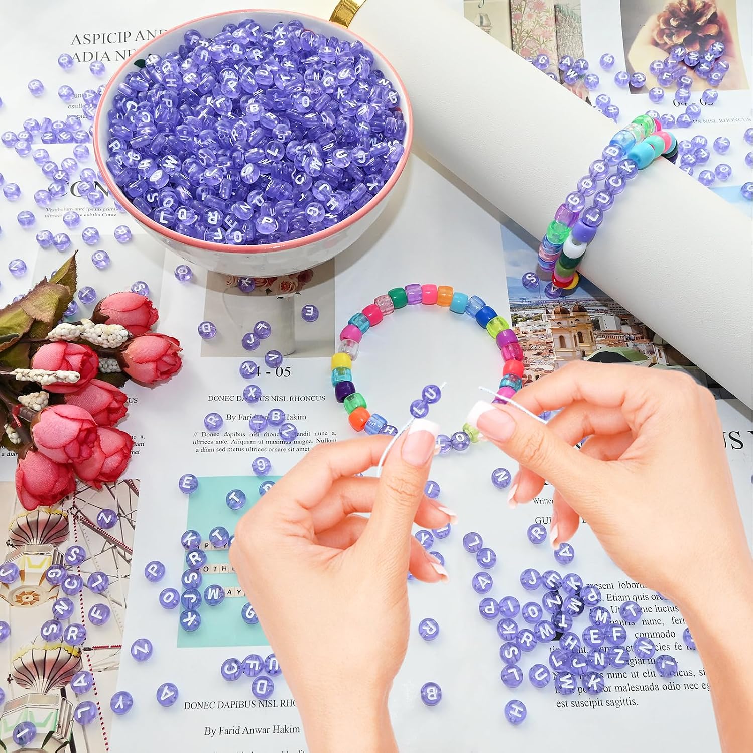 Looconi 1000pcs Purple Letter Beads White Alphabet Beads 7x4mm for Jewelry Making Bracelet Hair Braids Crafts Christmas Decorations
