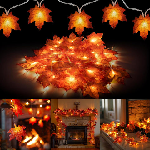 Dazzle Bright 4 Pack Thanksgiving Maple Leaf String Lights, Total 40FT 80 LED Battery Operated Lighted Fall Leaves Garland, Thanksgiving Decorations for Indoor Outdoor Autumn Harvest Decor