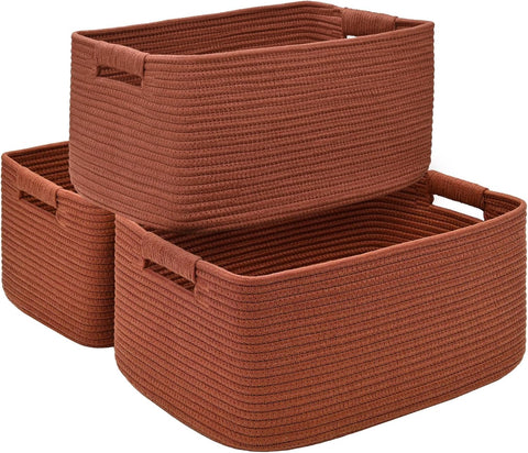 3 Pack Large Storage Basket for Organizing, 17.5"x13"x7" Woven Basket for Shelves, Closet Cube Storage Bins with Wrapped Handle, Cotton Rope Baskets for Kitchen, Clothes, Toys(Oxide Red)