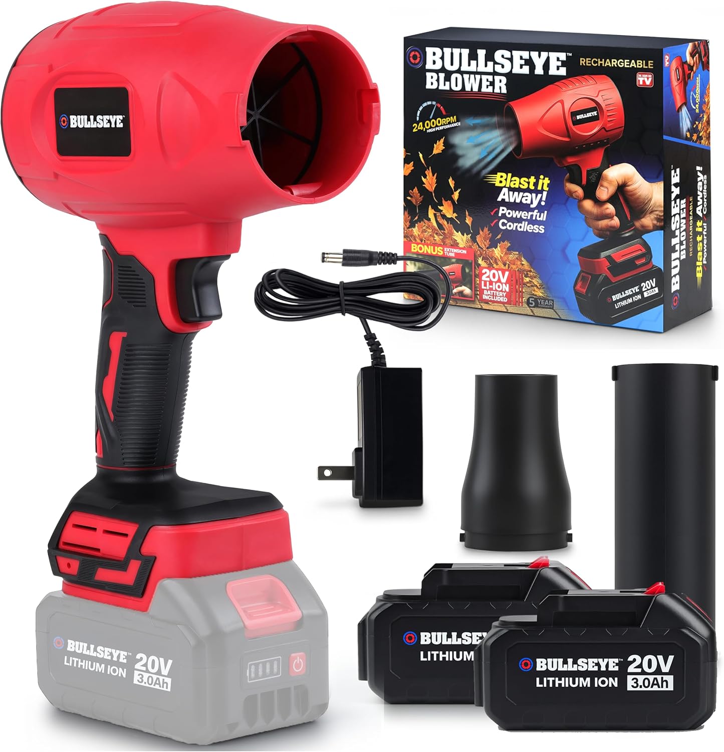 Bullseye Blower – Cordless Leaf Blower, Handheld Turbo Jet with 2 Batteries, 20V 350W Electric Air Power for Patio, Garage Cleaning and Car Drying – As Seen on TV