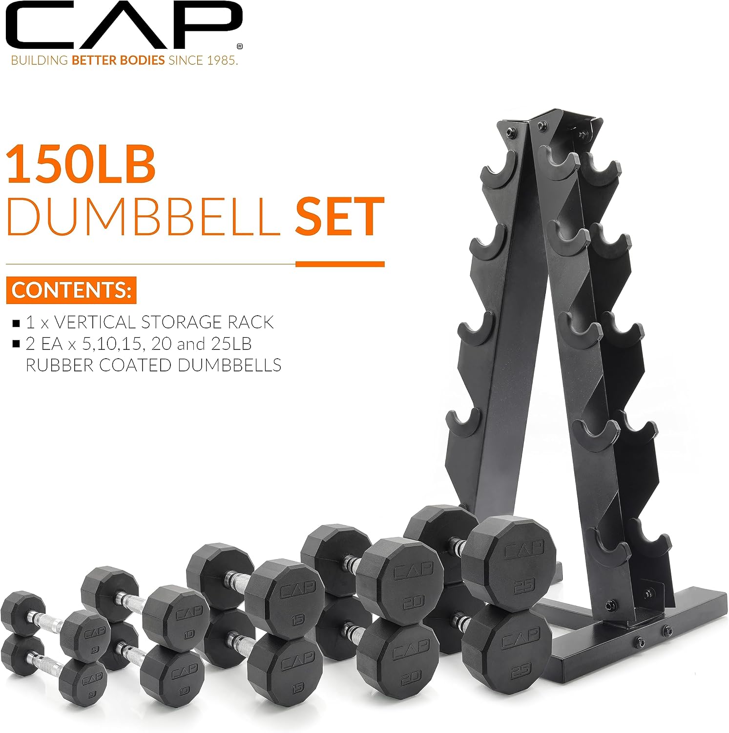CAP Rubber Coated Dumbbell Weight Set with Vertical Rack | 100 lb, 150 lb, and 210 lb Options