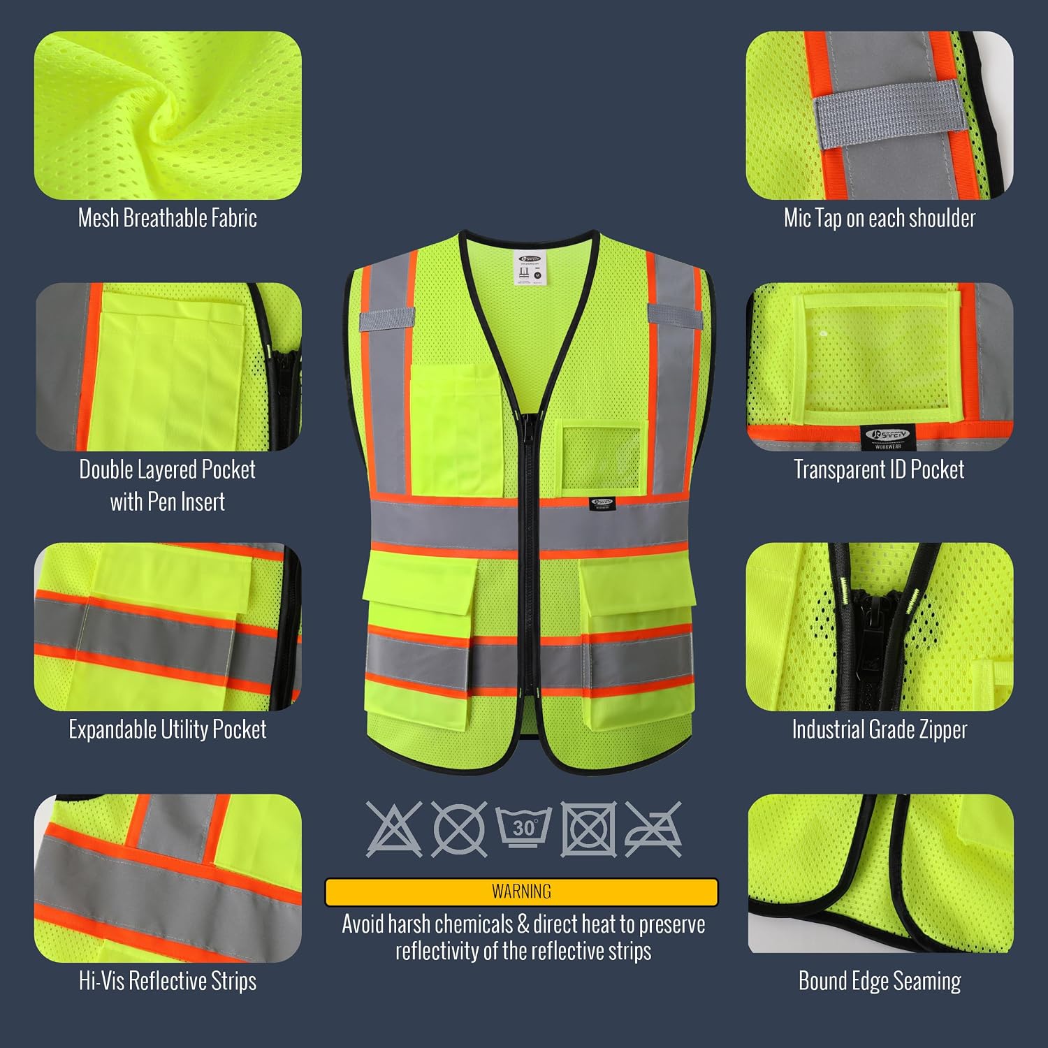 JKSafety Safety Vest for men women Hi Vis Vest with Pockets and Zipper High Visibility Reflective Vests BX320