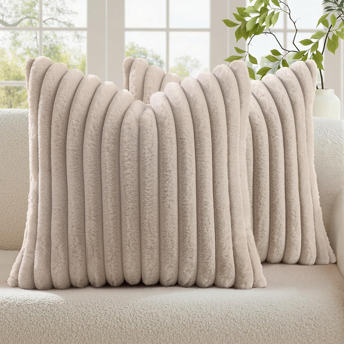decorUhome Fall Faux Fur Throw Pillow Covers 24x24 Set of 2 Tan
