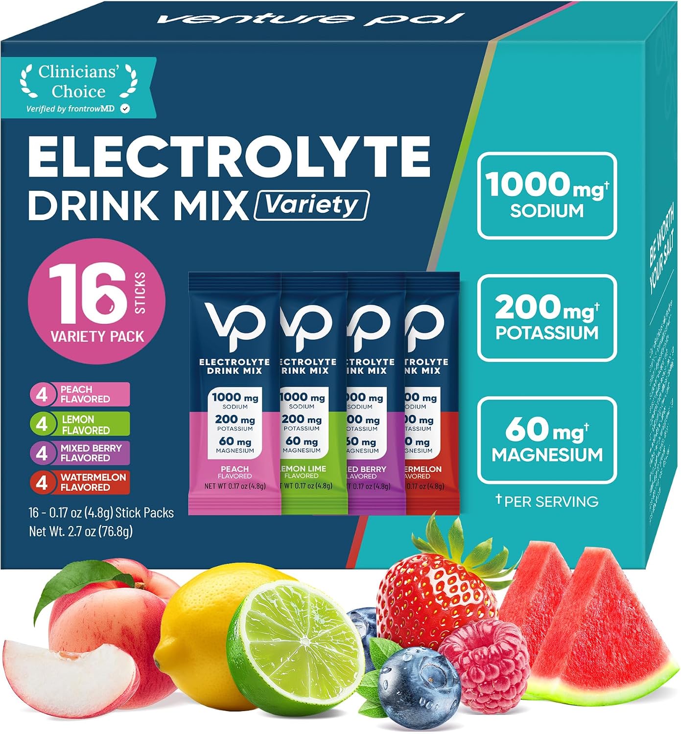 Venture Pal High Sodium Sugar-Free Electrolytes Powder Packets, 16 Sticks