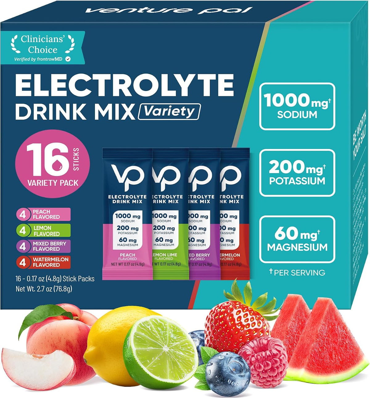 Venture Pal High Sodium Sugar-Free Electrolytes Powder Packets, 16 Sticks