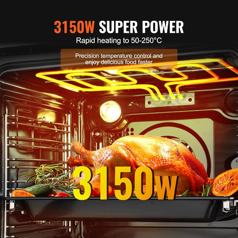 VEVOR Single Wall Oven, 24" Electric Built-in Wall Oven with 16 Cooking Functions, 2.68 Cu.Ft Electric Wall Ovens with Timer, 3150W 76L Large Capacity Ovens with Baking Rack and Tray, for Kitchen
