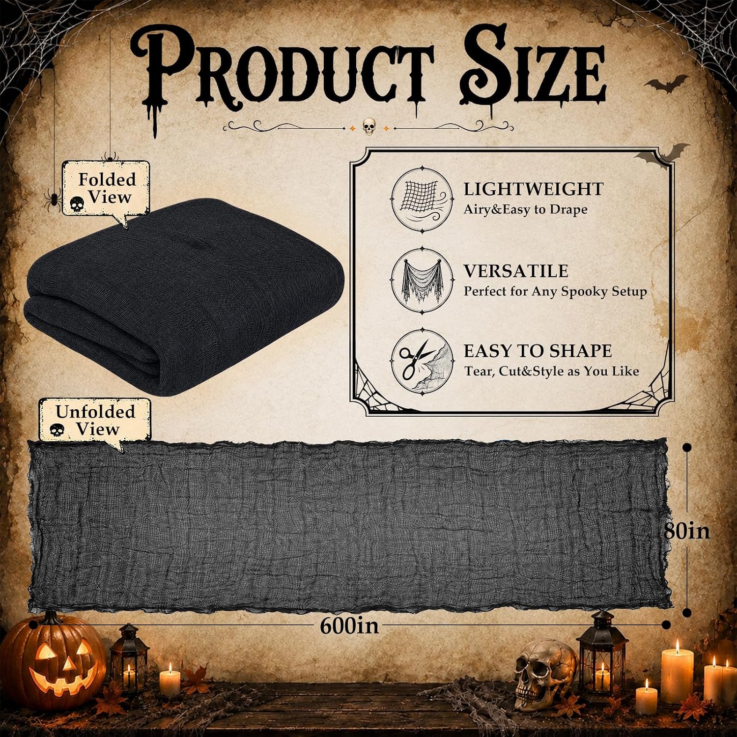 600 x 80 in Halloween Creepy Cloth for Yard and Outdoor Decorations, Black