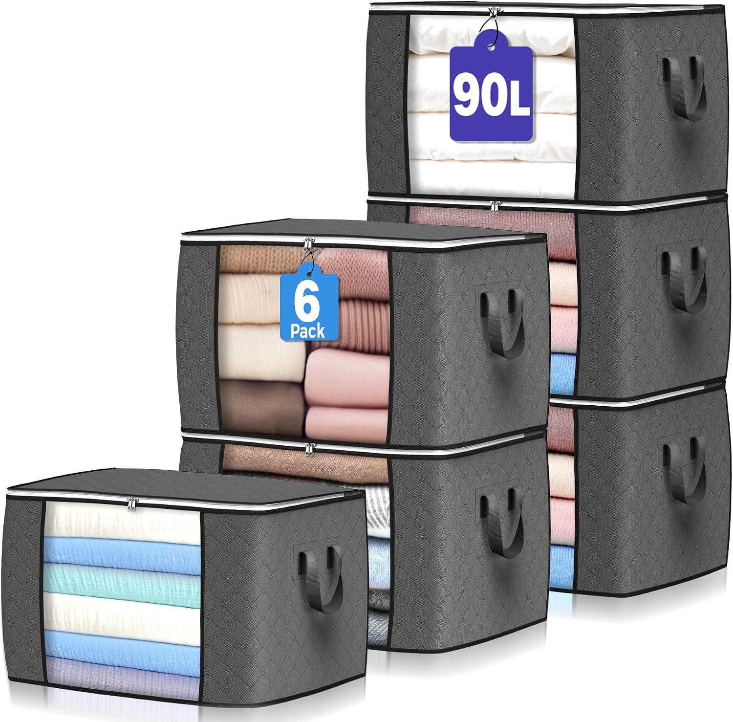 90L Large Storage Bags, 6 Pack Clothes Storage Bins Closet Organizers