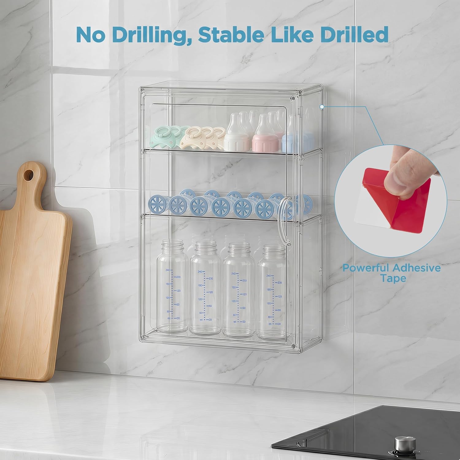 HBlife Baby Bottle Storage Organizer for Wall Countertop Cabinet, 3 Tiers Adjustable Clear Acrylic Bottles Storage Station Case Box Container with 2 Removable Dividers and Magnetic Door, Small