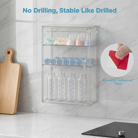 HBlife Baby Bottle Storage Organizer for Wall Countertop Cabinet, 3 Tiers Adjustable Clear Acrylic Bottles Storage Station Case Box Container with 2 Removable Dividers and Magnetic Door, Small