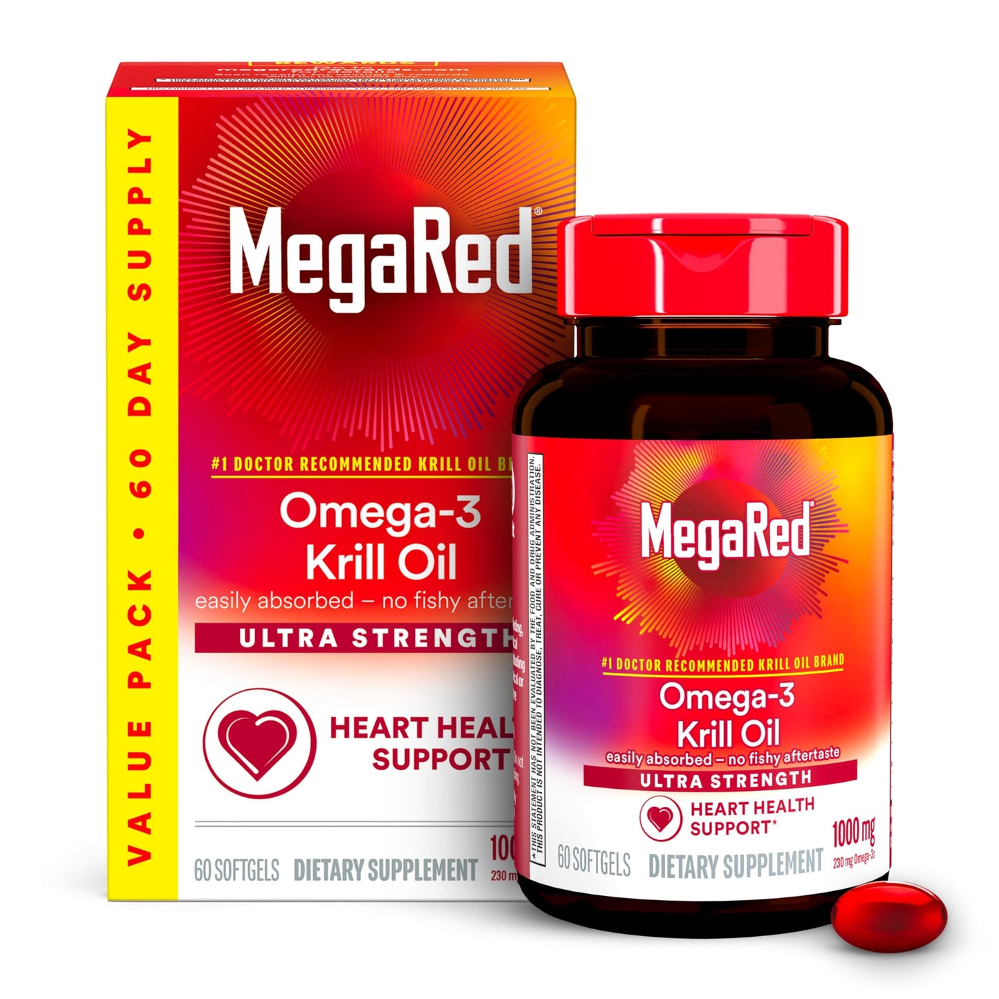 MegaRed #1 Doctor Recommended Krill Oil Brand - 1000mg Omega 3 Supplement with EPA, DHA, Astaxanthin & Phospholipids, Supports Heart, Brain, Joint and Eye Health, No Fish Aftertaste 60 Softgels