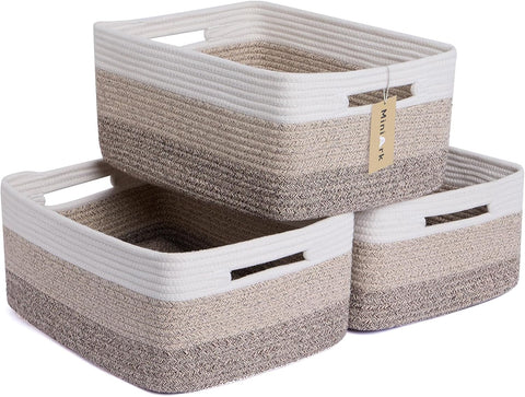 MiniArk Large Storage Baskets for Organizing, 17 x 13 x 7.5” Closet Shelf Baskets for Clothes Blanket Towels, Baby Nursery, Toy Bins Box, Woven Rope Basket, 3 Packs Gradient Brown