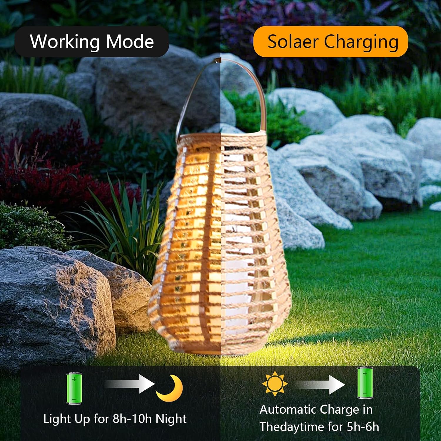 Hanging Solar Lanterns Outdoor Waterproof, Hand-Woven Hemp Rope,10x5.5 Inch