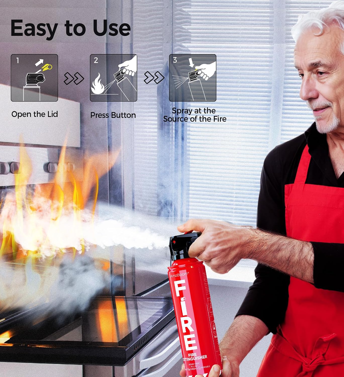 AmzBoom 2-Pack Fire Extinguisher for Home, Kitchen, Car, and Grill with Mounting Bracket– Extinguishing Spray, Compact A, B, C, K – Eco-Friendly, Prevents Reignition.