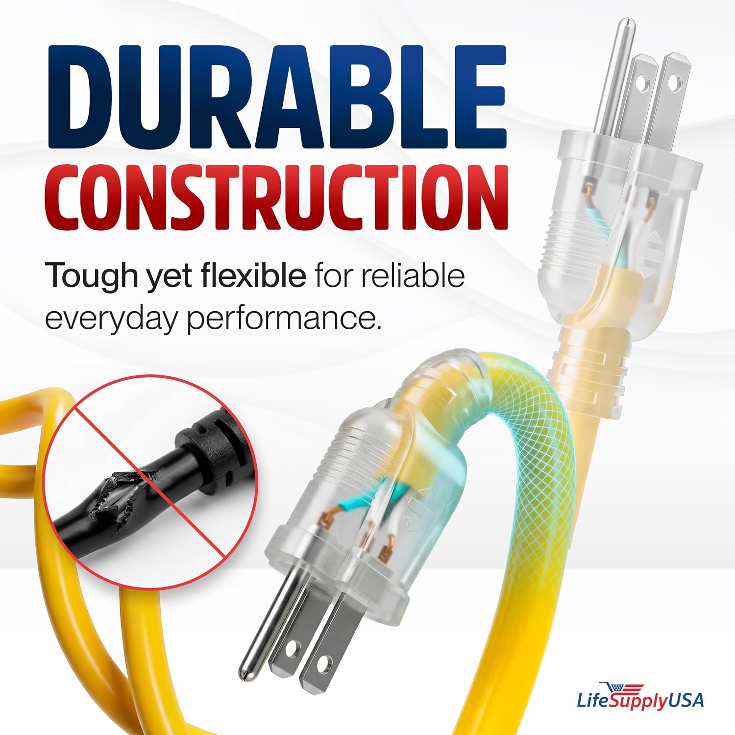 50ft Outdoor/Indoor Extension Cord 10/3 Gauge Ultra Heavy Duty 3 Prong SJTW, Waterproof, Flexible Cold-Resistant Long Power Cord,15A 125V 1875W, Yellow by LifeSupplyUSA