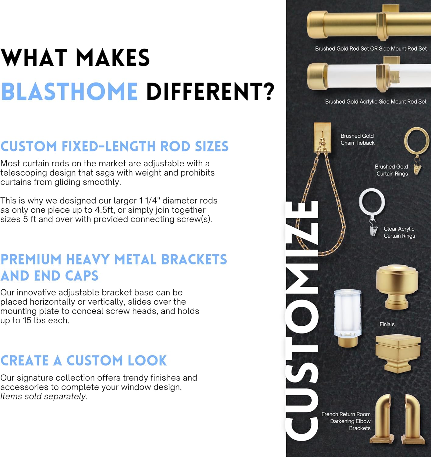 BlastHome® Luxury Smooth Glide Curtain Rings, 9 Pack, Brushed Gold