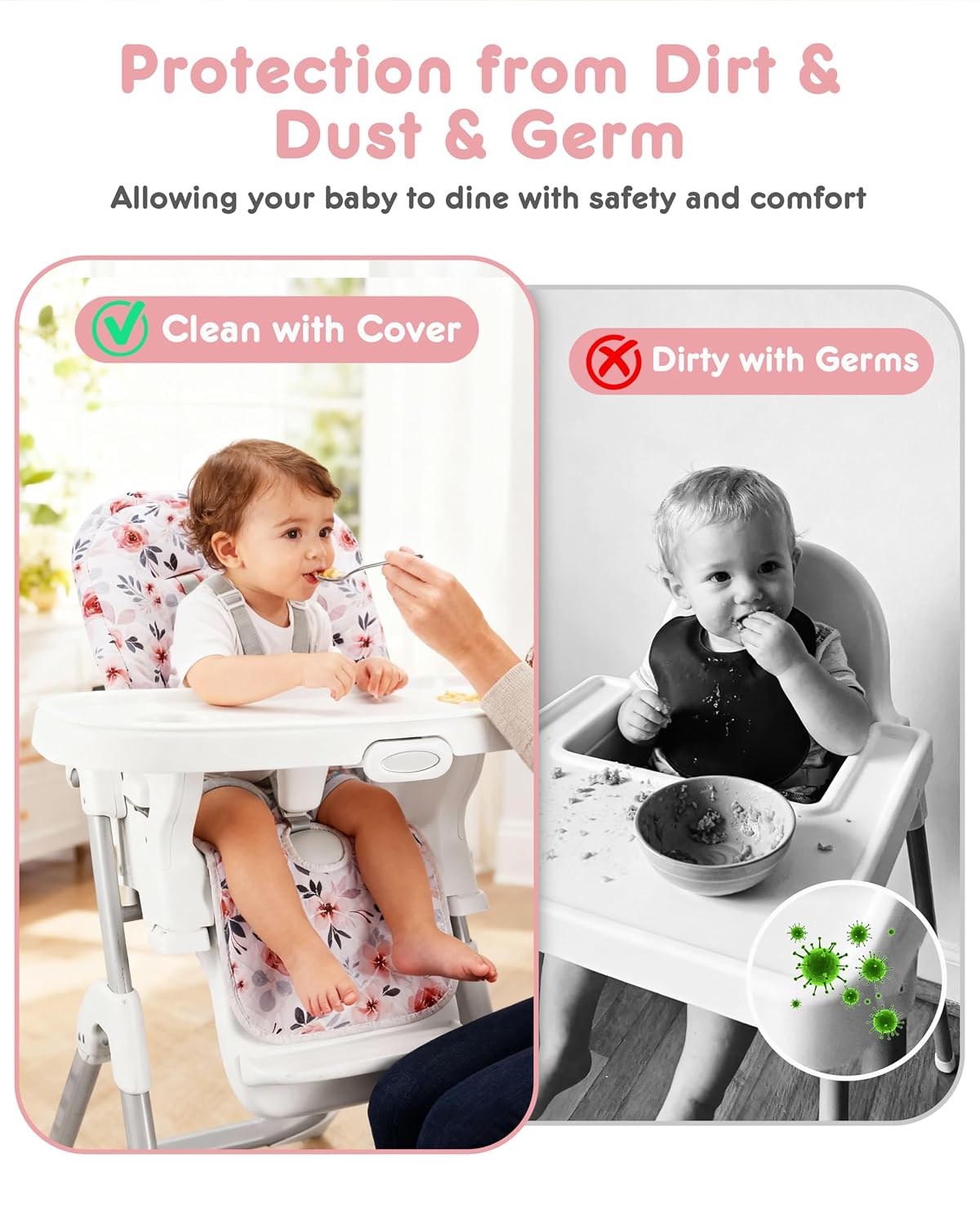 Baby High Chair Cover Replacement, Reversible & Waterproof High Chair Cushion Pad Home & Restaurant use, Includes 5-Point Harness Strap, Chair Not Included - Pink